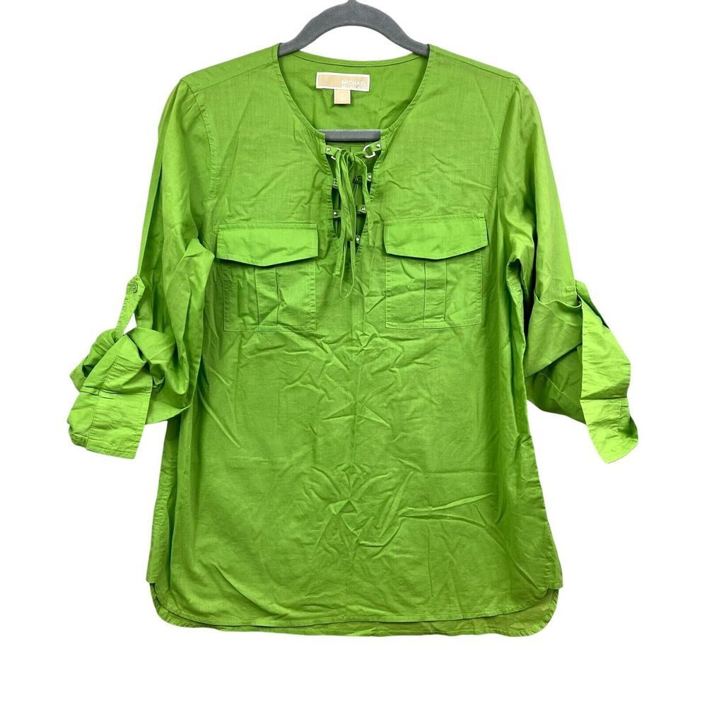 Michael Kors Women Tunic Top V Neck Long Rolled Sleeves Flap Pockets Green Sz S*